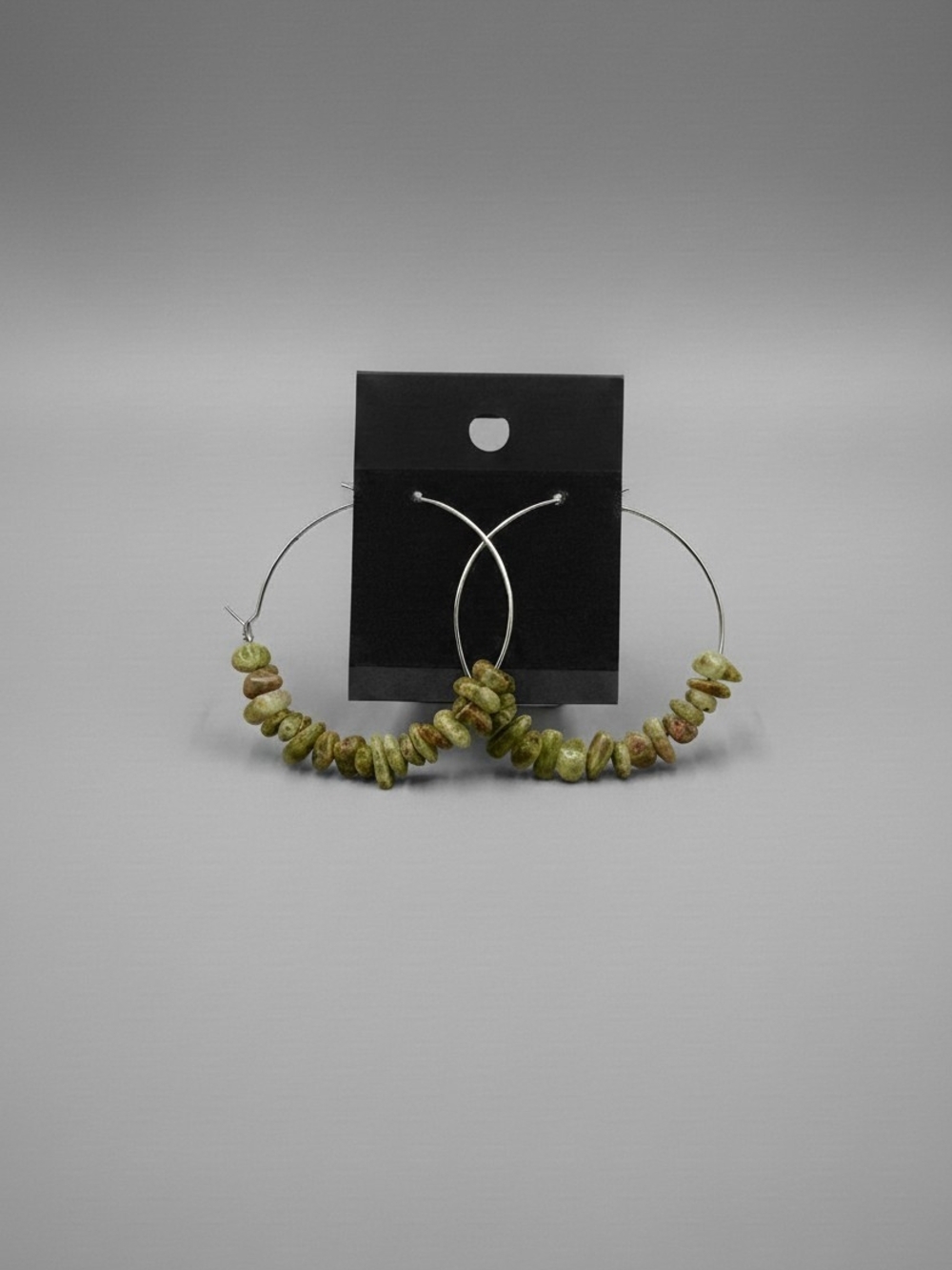 Green Stone Chip Hoop Earrings — Natural Green Bead Accents